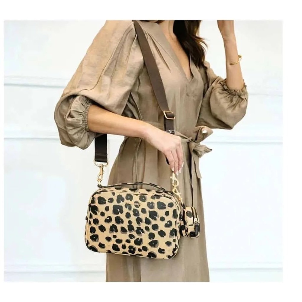 TWELVELITTLE Peek-A-Boo Crossbody Diaper Bag Leopard Print Vegan Leather Tan